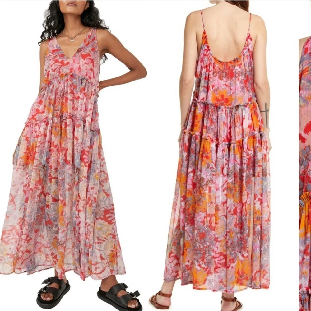 Free People Julianna Maxi Dress Ruffled Tiers V Neck Floral Print - Picture 2 of 11